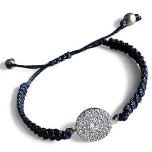 Black Hand Tied Adjustable Bracelet with Gold Pave Crystal Connector and Beads